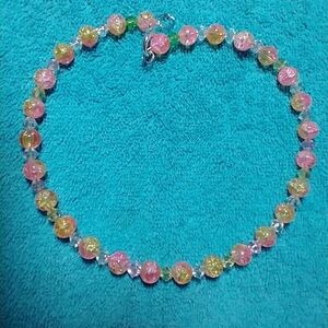 Pink yellow clear green cracked glass wire necklace handmade